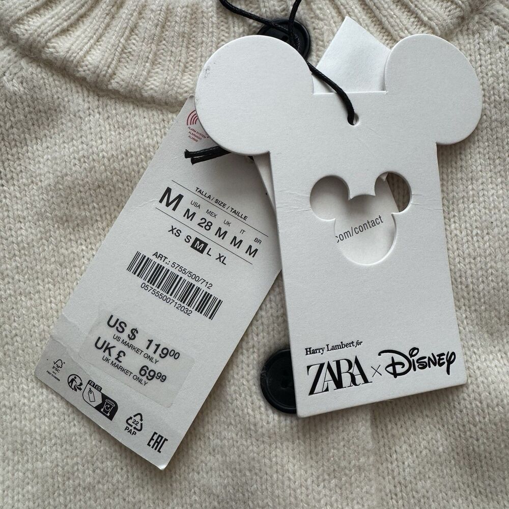 NWT Zara Harry Lambert Disney Daisy Duck Wool Blend Cardigan Sweater M Cream - Picture 3 of 9
